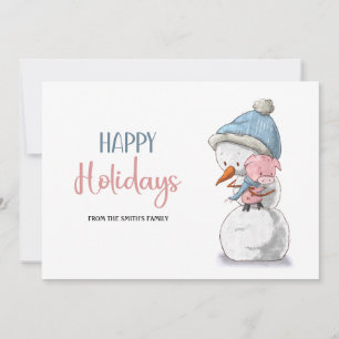 Tarjeta Festiva Adorable Happy Holidays Snowman Pig