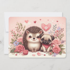 Tarjeta Festiva Adorable Hedgehog y Pug Valentine Day Card