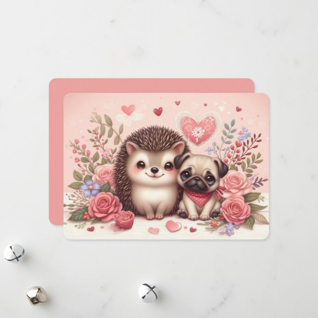 Tarjeta Festiva Adorable Hedgehog y Pug Valentine Day Card (Anverso/Reverso In Situ)