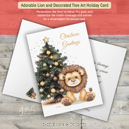 Tarjeta Festiva Adorable Lion and Decorated Tree Art