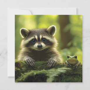 Tarjeta Festiva Adorable mapache y rana buscando por el Mossy Log