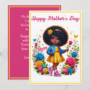 Tarjeta Festiva Adorable niña afro con flor amarilla/rosa para el 