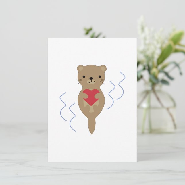 Tarjeta Festiva Adorable Otter abrazando un corazón (Anverso de pie)