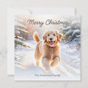Tarjeta Festiva Adorable perro Goldendoodle en la nieve Feliz Navi