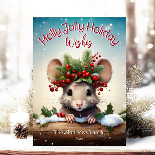 Tarjeta Festiva Adorable Ratón Espiando Holly & Berry Feliz Navida
