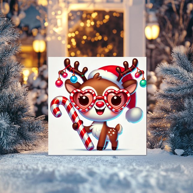 Tarjeta Festiva Adorable Reno que Sostiene un Bastón de Caramelo (Subido por el creador)