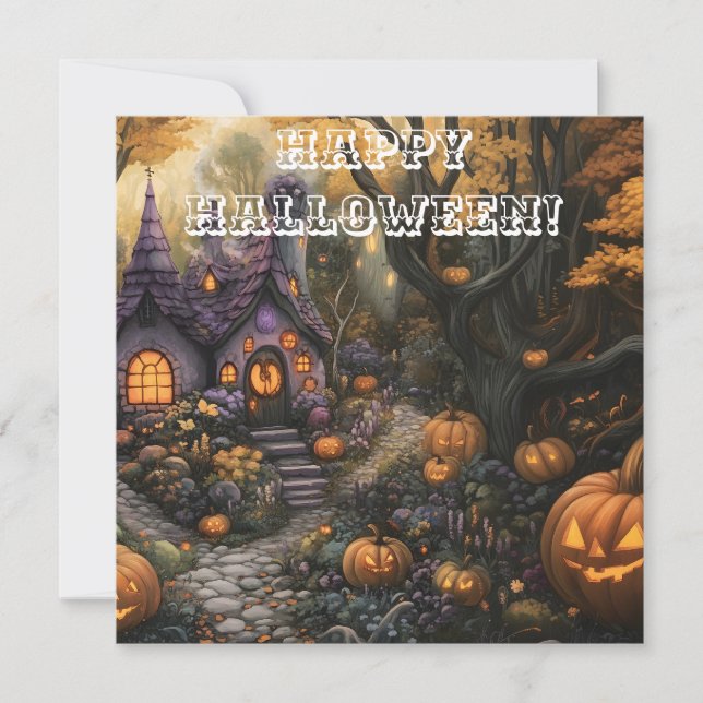 Tarjeta Festiva Adorable Spooky House y parche de calabaza de Hall (Anverso)