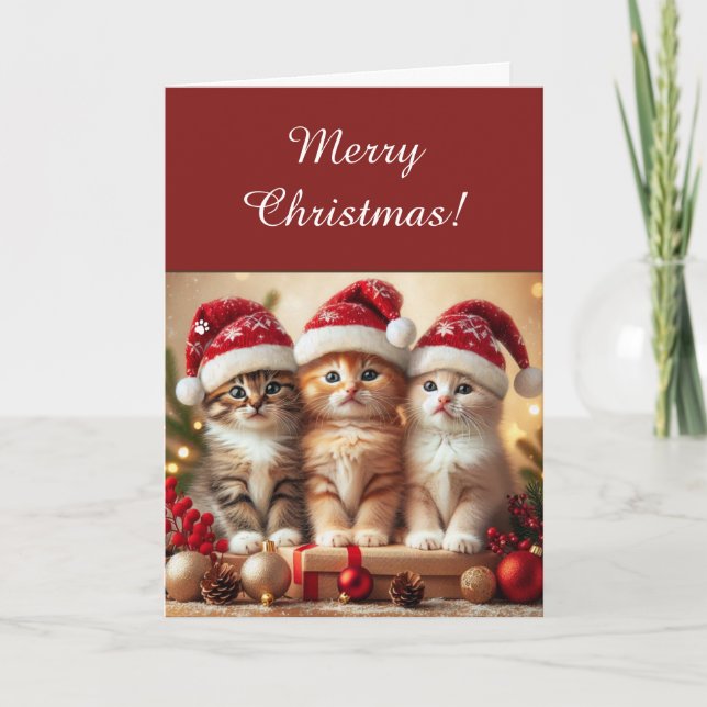 Tarjeta Festiva Adorable Three Cute Kittens in Santa Hats Pet Love (Anverso)
