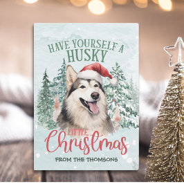 Tarjeta Festiva Adorable Watercolor Husky Navidades