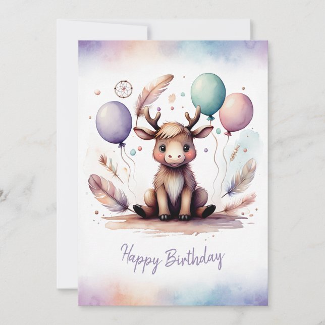 Tarjeta Festiva Adorable Watercolor Moose Happy Birthday (Anverso)