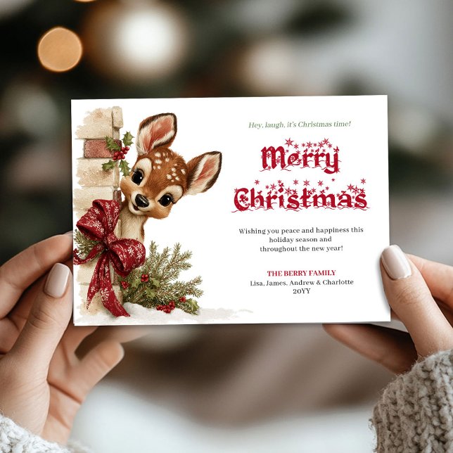Tarjeta Festiva Adorable Xmas funny reindeer peeking greeting card (Adorable Xmas funny reindeer peeking greeting card)