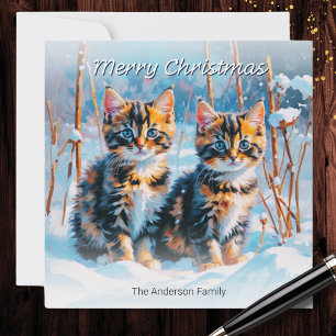 Tarjeta Festiva Adorables gatitos atigrados en la nieve mascota an