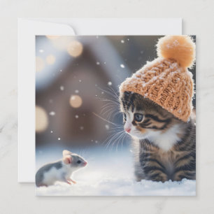 Tarjeta Festiva Adorables gatitos y ratones en la nieve juntos