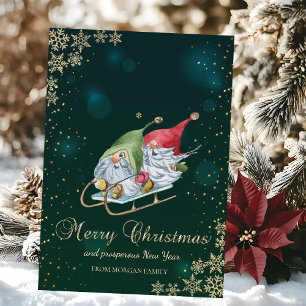 Tarjeta Festiva Adorables Gnomos Caprichosos Trineo Copos de Nieve