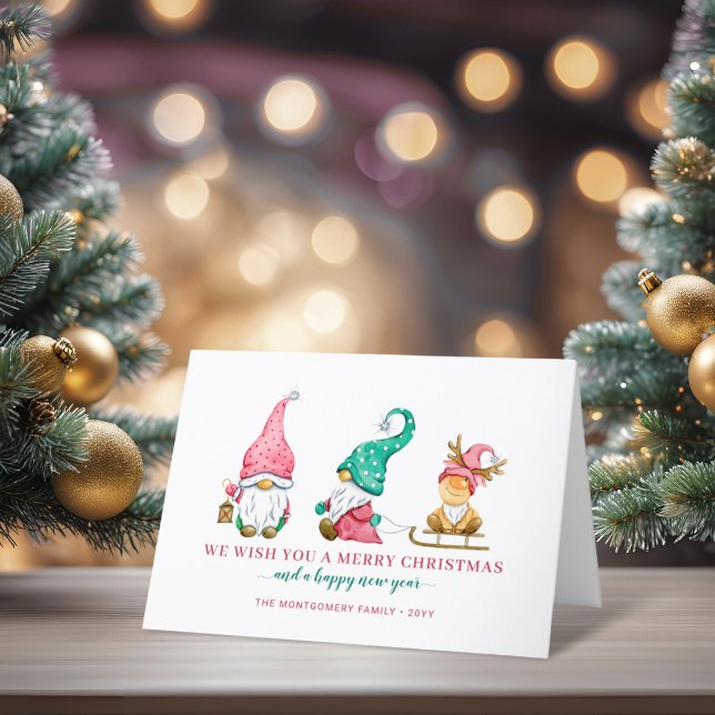 Tarjeta Festiva Adorables Gnomos Navideños de Fiesta (Cute Holiday Gnomes Christmas Card)