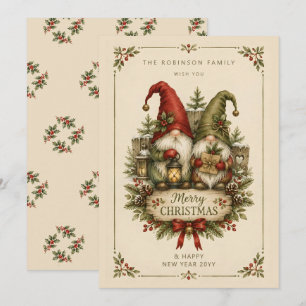 Tarjeta Festiva Adorables Gnomos Navideños Rústicos Vintage TMF26