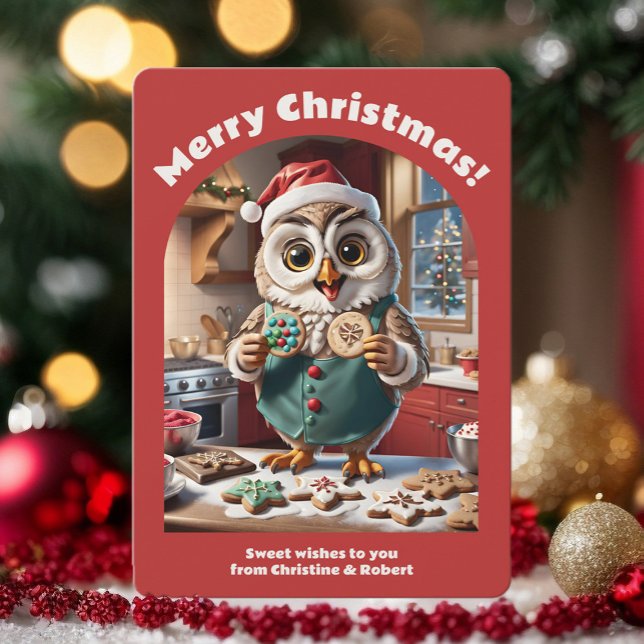 Tarjeta Festiva Adorables Navidades Owen Baking Cookie Cute Cosmo  (Adorable Christmas owl baking cookies, digital download or custom printed holiday card)