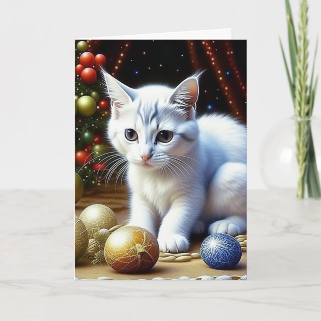 Tarjeta Festiva Adorables Navidades personalizados de Gatito Blanc (Anverso)