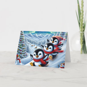 Tarjeta Festiva Adorables Pingüinos Deslizándose por una Colina Na