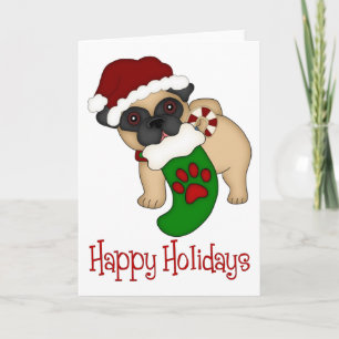 Tarjeta Festiva Adorables Pug Navidades temáticos de vacaciones, r