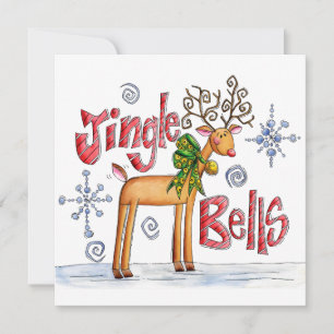 Tarjeta Festiva Adorables renos de Navidad, campanillas copos de n
