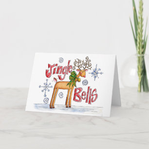 Tarjeta Festiva Adorables renos de Navidad, copos de nieve de camp