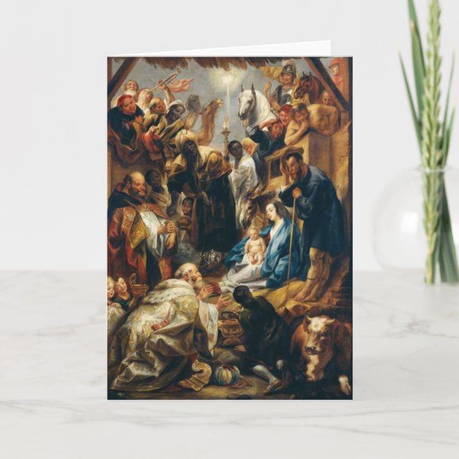 Tarjeta Festiva Adoración de unos de los reyes magos por Jordaens (Anverso)