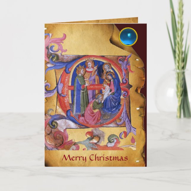 Tarjeta Festiva ADORACIÓN DEL PARCHMENT DE NAVIDADES MAGI Gema Azu (Anverso)