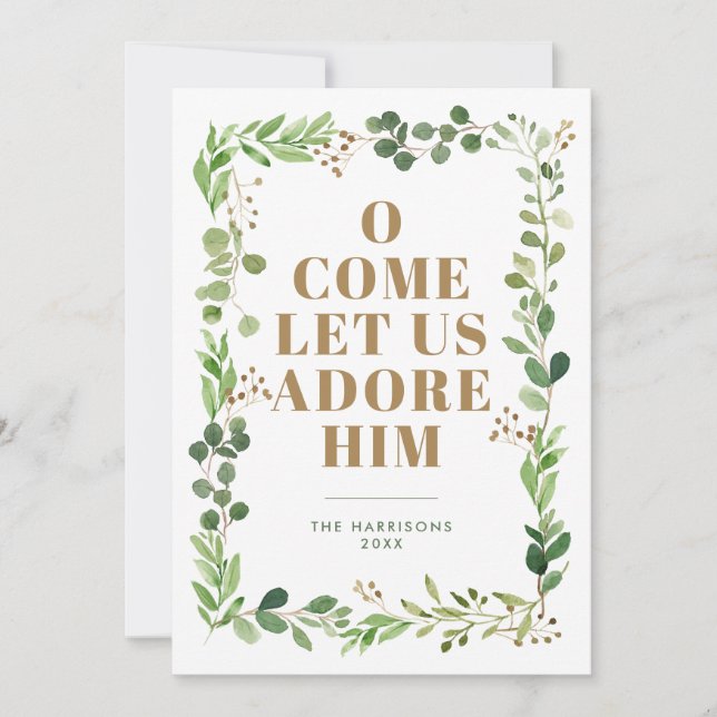 Tarjeta Festiva Adore Him Foliage Frame Religious (Anverso)
