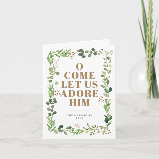 Tarjeta Festiva Adore Him Foliage Frame Religious Foled Photo (Anverso)