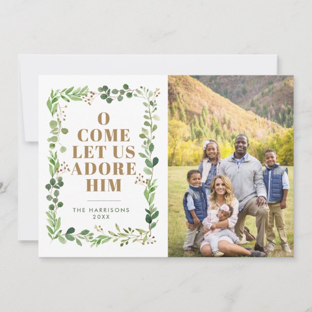 Tarjeta Festiva Adore Him Foliage Frame Religious Photo (Anverso)