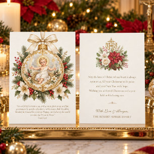 Tarjeta Festiva Adorno católico del Niño Jesús Natividad Florales