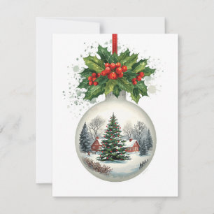 Tarjeta Festiva Adorno de Bola de Nieve Escena de Acebo Bayas