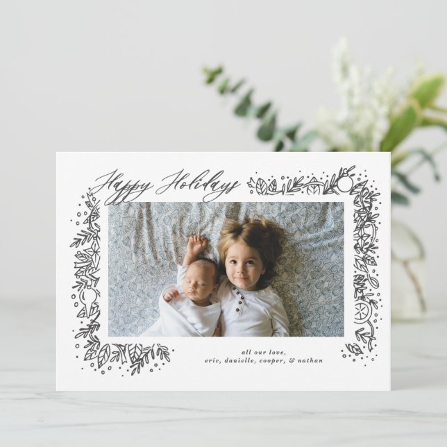 Tarjeta Festiva Adorno de guirnalda nostálgico bonito de vacacione (Anverso de pie)