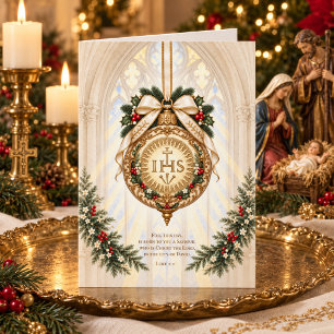 Tarjeta Festiva Adorno IHS católico elegante, Lucas 2:11 Floral