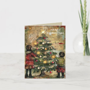 Tarjeta Festiva Adorno infantil navideño vintage decorando árbol