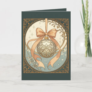 Tarjeta Festiva Adorno Navideño Art Nouveau Melocotón y Beige