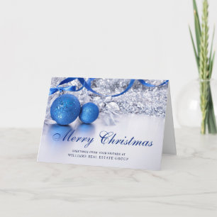 Tarjeta Festiva Adorno Navideño Azul Plateado Saludo Corporativo