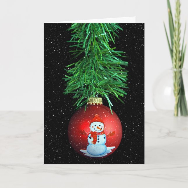 Tarjeta Festiva adorno navideño de snowman con copos de nieve (Anverso)