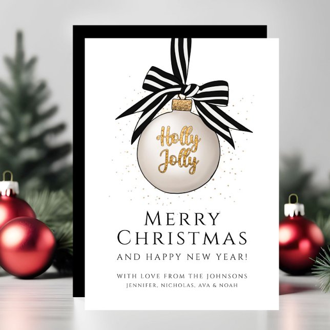 Tarjeta Festiva Adorno Navideño Negro Blanco Elegante (Elegant Black White Merry Christmas Bauble Holiday Card)
