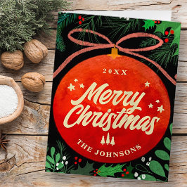 Tarjeta Festiva Adorno Navideño Rojo Moderno Botánico