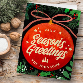 Tarjeta Festiva Adorno Navideño Rojo Moderno Botánico en Bola