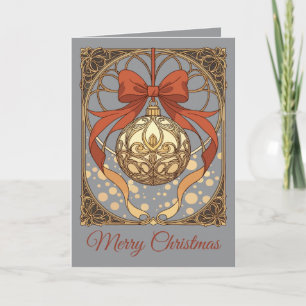 Tarjeta Festiva Adorno Navideño Rojo y Beige Art Nouveau