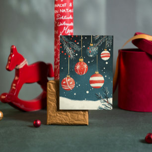 Tarjeta Festiva Adornos Colgantes Retro Rojo Blanco Bolas de Navid