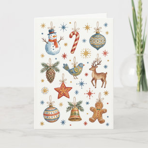 Tarjeta Festiva Adornos Navideños de Arte Popular Antiguo
