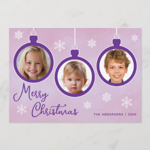 Tarjeta Festiva Adornos Navideños Morados 3 Fotocollage Feliz Navi