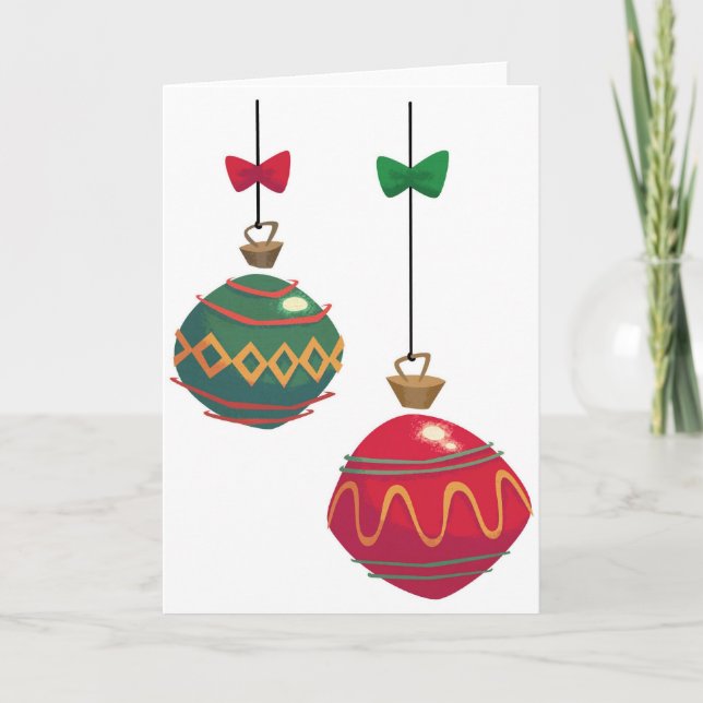 Tarjeta Festiva Adornos Navideños Retro Rojo y Verde (Anverso)