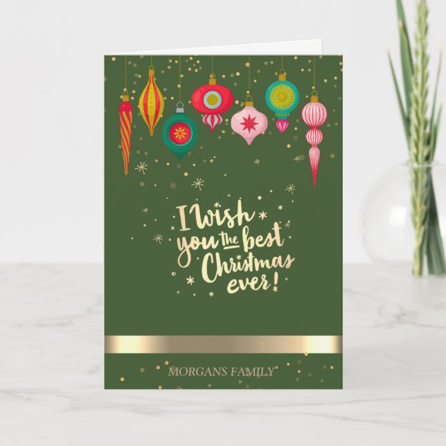 Tarjeta Festiva Adornos Navideños Retro Verde (Anverso)