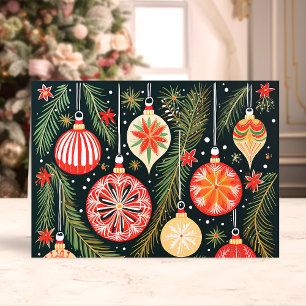 Tarjeta Festiva Adornos Navideños Retro y Ramas de Pino
