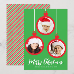 Tarjeta Festiva Adornos Navideños Rojos 3 Fotos Collage Feliz Navi